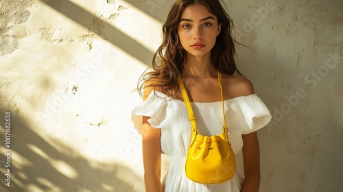 A woman in a white dress holding a yellow bag stands against a textured wall ...