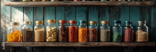 A vibrant collection of glass jars filled with spices arranged on a rustic wo...
