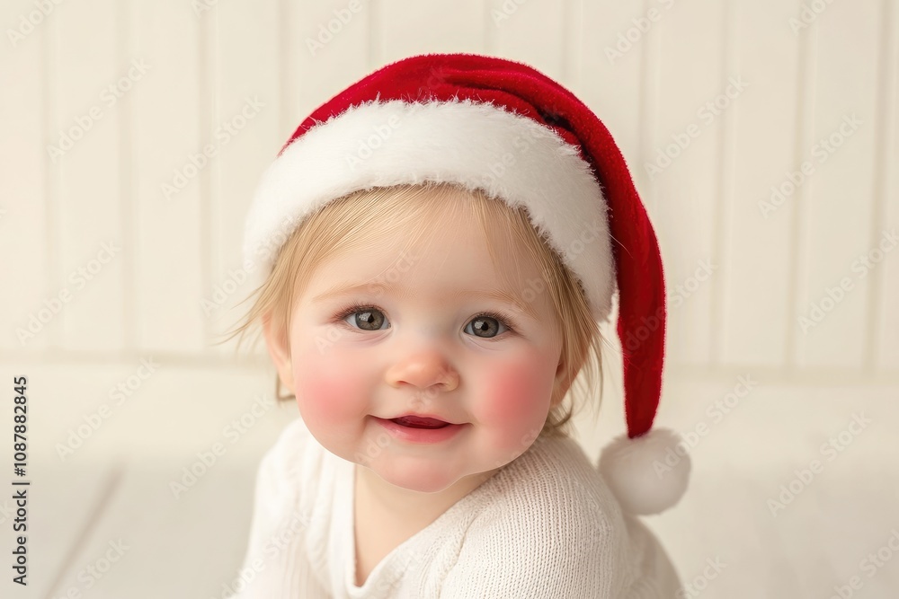 Bright-eyed child grinning joyfully while donning a classic red Santa hat, creating a heartwarming and festive mood perfect for celebrating the holidays Bright-eyed child grinning joyfully while donning a classic red Santa hat, creating a heartwarming and festive mood perfect for celebrating the holidays