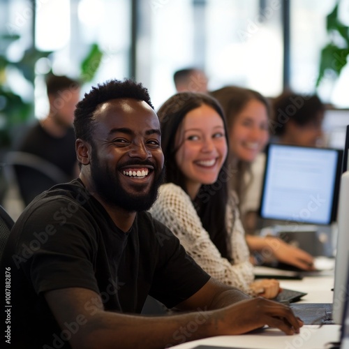 Happy professionals working together in a modern office environment during th...