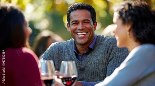Friends enjoying laughter and conversation over wine at an outdoor gathering ...