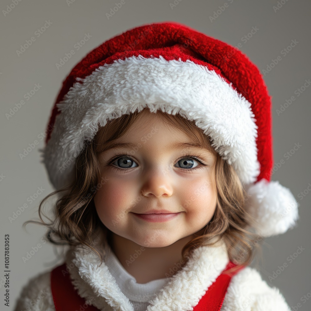 Joyful child dons a cheerful red Santa hat adorned with fluffy white trim, beaming with happiness Joyful child dons a cheerful red Santa hat adorned with fluffy white trim, beaming with happiness