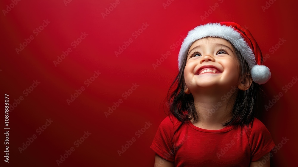 Fototapeta premium A cute toddler girl gazes upwards with a wide, happy smile. She's wearing a red Santa hat and a matching red shirt. The background is a solid, bright red
