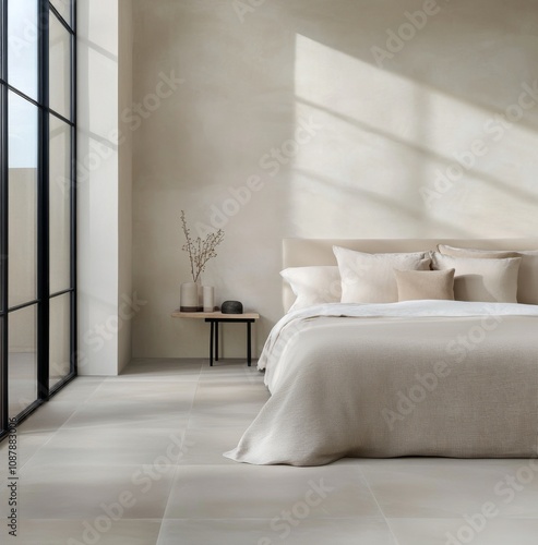 Cozy minimalist bedroom with natural light and neutral tones in a modern apar...