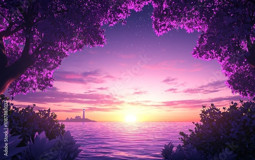 Beautiful sunset over the ocean with a lighthouse in the distance framed by vibrant purple trees during twilight hours