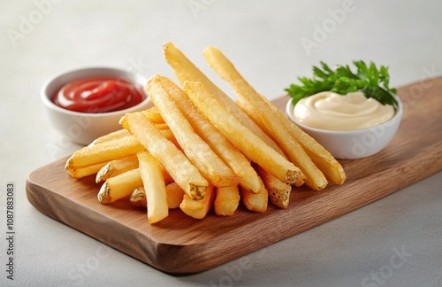 Crispy golden fries served with a small bowl of rich tomato ketchup on a wood...
