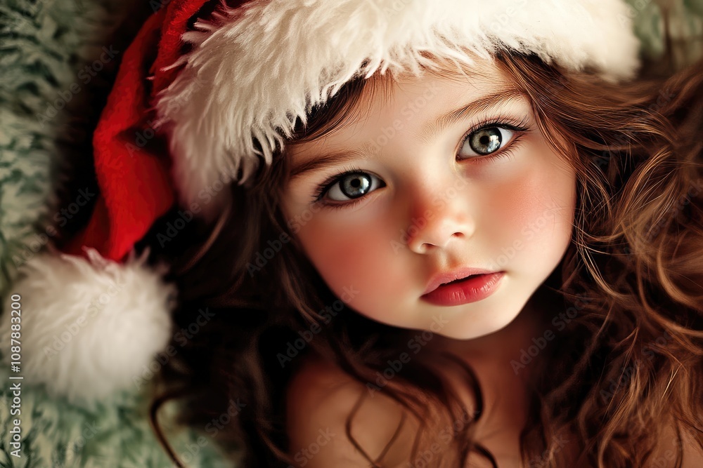 Cuddled against a soft backdrop, a cute child in a bright red Santa hat radiates holiday cheer, with captivating eyes and a cheerful demeanor perfect for Christmas Cuddled against a soft backdrop, a cute child in a bright red Santa hat radiates holiday cheer, with captivating eyes and a cheerful demeanor perfect for Christmas