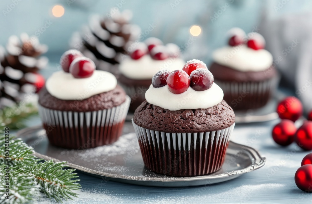 Delicious holiday cupcakes topped with cranberries on a festive table setting Delicious holiday cupcakes topped with cranberries on a festive table setting