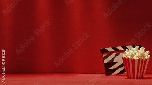 Popcorn spilling from a clapperboard box against a red curtain backdrop at a ...