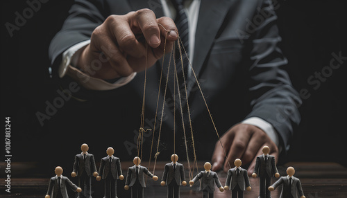 Man in formal suit pulling strings of office staff puppet on dark background photo