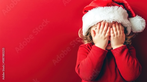 A young child, dressed in a bright red outfit and a Santa hat, playfully covers their eyes with their hands. The backdrop is a solid, rich red color, creating a cheerful Christmas atmosphere