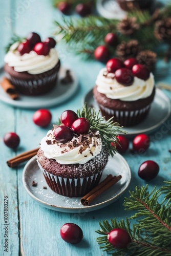 Delicious chocolate cupcakes topped with cream and cranberries on a festive t...