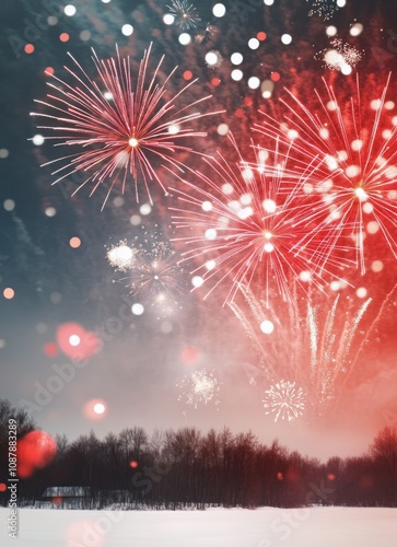 Colorful fireworks illuminate the winter night sky over a snowy landscape dur...