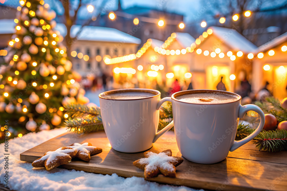 Two glasses of hot cacao with cookies at a Christmas market illuminated at night in december Two glasses of hot cacao with cookies at a Christmas market illuminated at night in december