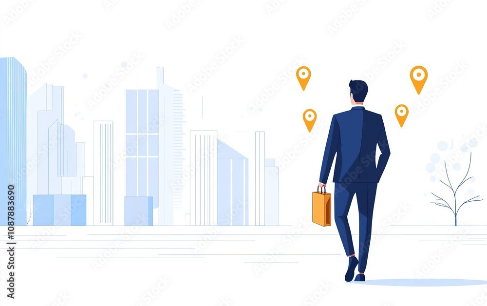 Businessman walking in a modern city with a briefcase, exploring different locations marked by pins, during the day Businessman walking in a modern city with a briefcase, exploring different locations marked by pins, during the day