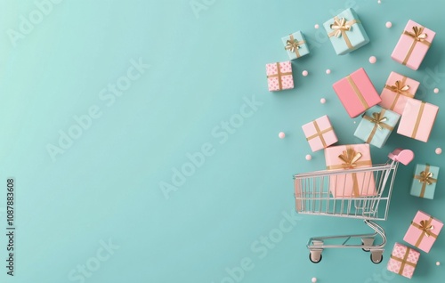 Shopping cart filled with colorful wrapped gifts floating against a bright bl...