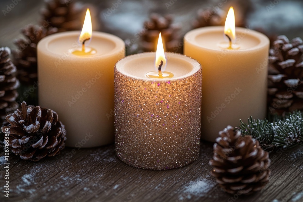 Three candles sit next to pine cones on a rustic surface Three candles sit next to pine cones on a rustic surface