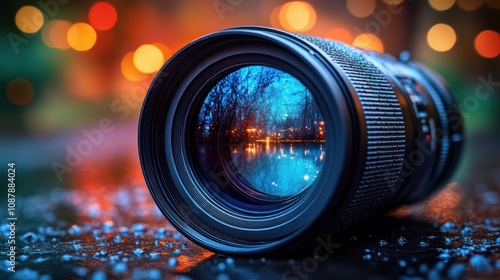 A close-up of a camera lens with a reflection of a night scene.