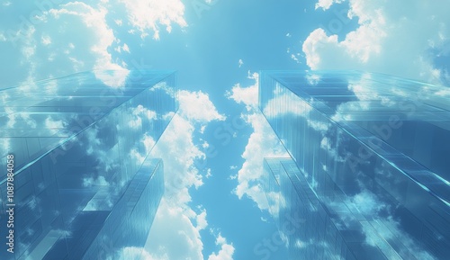 Reflective glass architecture reaching toward the blue sky with scattered clo...
