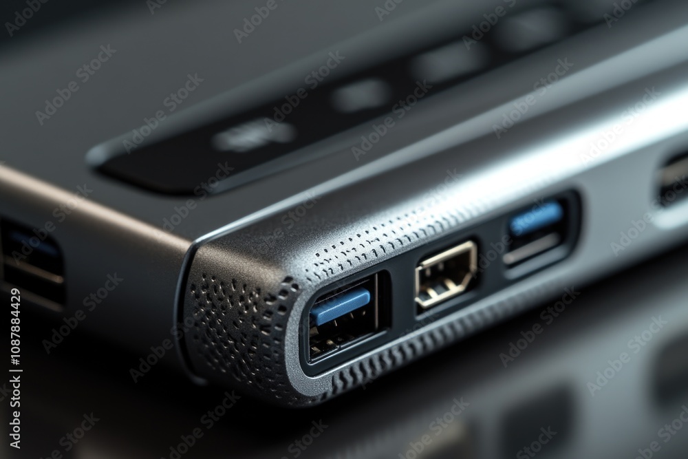 Close-up view of a laptop with two USB ports and surrounding details