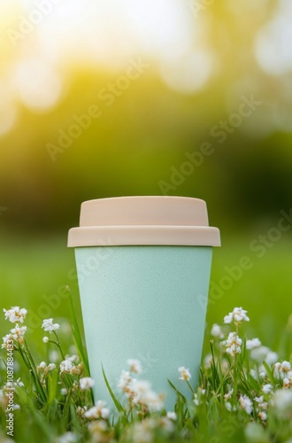 A pastel green coffee cup resting on grass surrounded by small white flowers ...