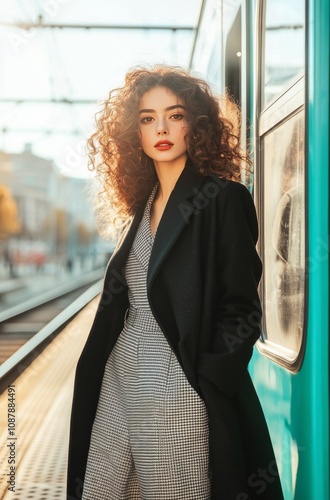 Woman walking on train platform during sunset in a bustling urban area