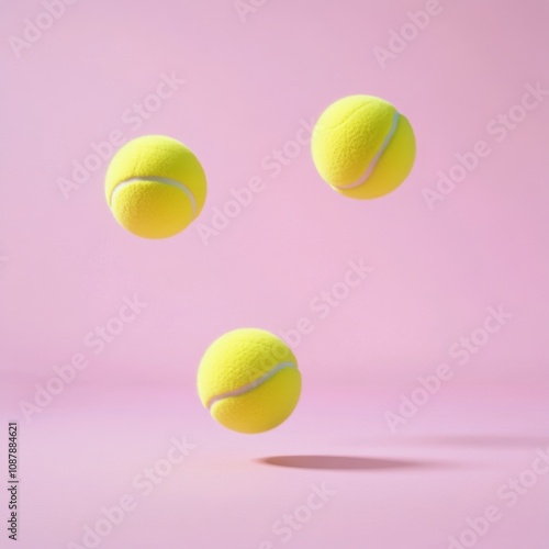 Two yellow tennis balls bouncing against a vibrant pink background in a playf...