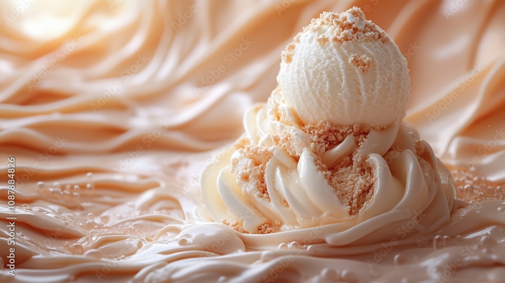 A creamy dessert featuring ice cream atop a swirl of smooth, light-colored sauce. A creamy dessert featuring ice cream atop a swirl of smooth, light-colored sauce.