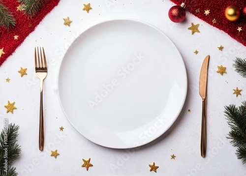 Elegant holiday table setting with golden cutlery and festive decorations on ...