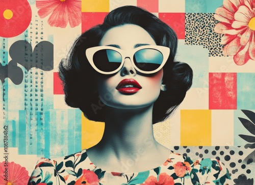 A fashionable woman stands confidently, wearing large retro sunglasses and a ...