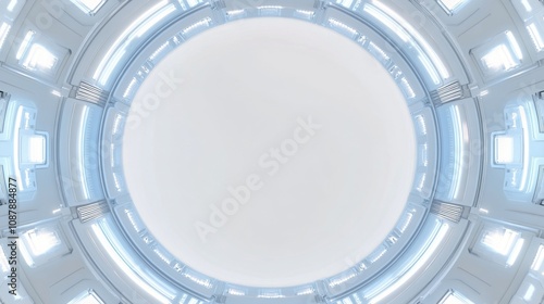 Bright and modern circular interior space with white walls and ambient light ...