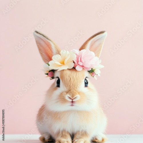 Cute rabbit wearing a floral crown against a soft pink background during spri...