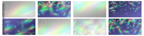 Rainbow light prism effect, transparent background. Hologram reflection, crystal flare leak shadow overlay.	