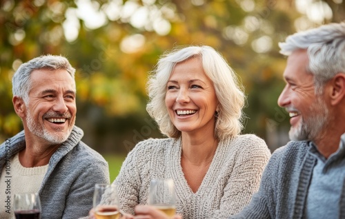 Group of friends enjoying laughter and good company during a cozy outdoor gat...