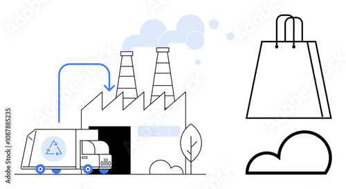 Recycling truck arriving at factory, smoke coming out of chimneys, a shopping bag, and a cloud. Ideal for topics on recycling, factories, manufacturing, sustainability, eco-commerce transportation