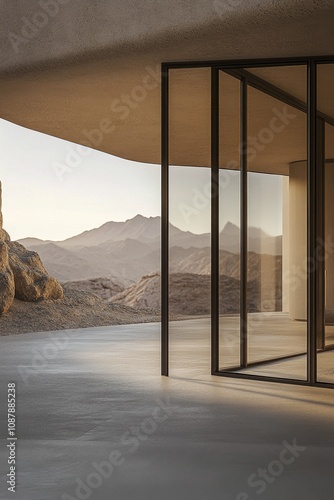 Modern architecture blends with nature in a serene desert setting during gold...