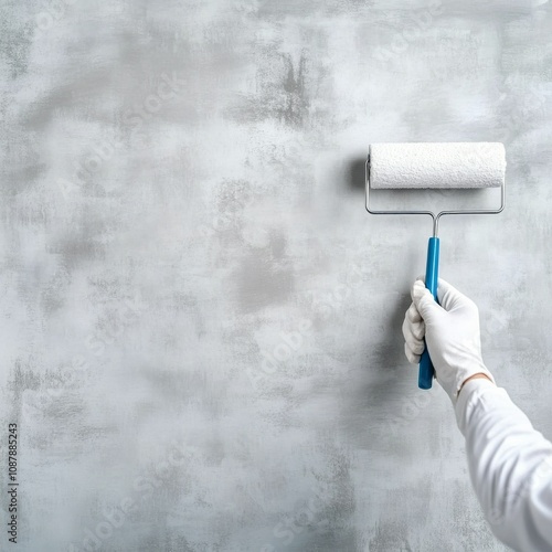 Hand applying gray paint to wall using a roller in a home renovation project