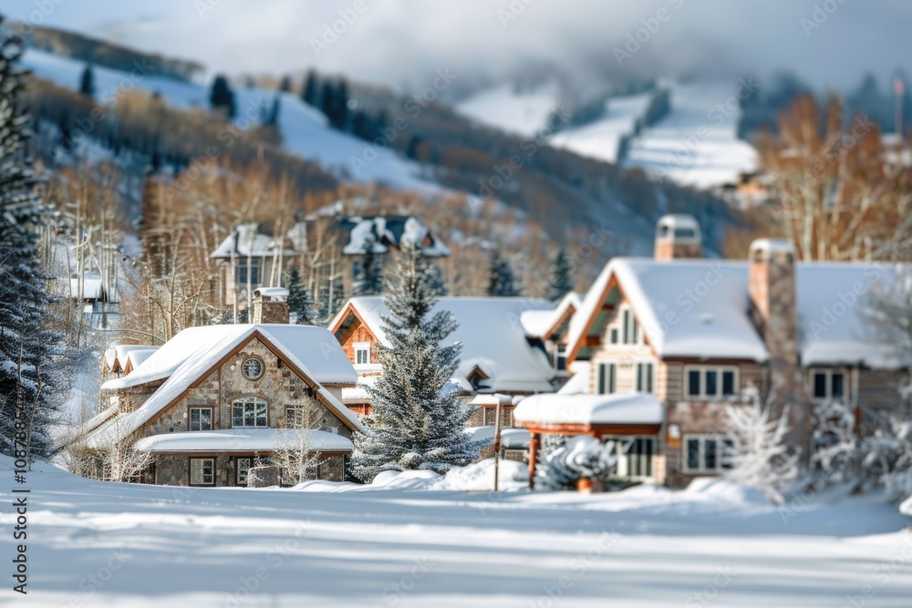 A small town covered in snow, perfect for winter scenes or holiday decorations A small town covered in snow, perfect for winter scenes or holiday decorations