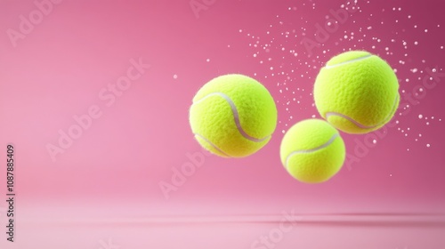 Three bright yellow tennis balls stacked on a vibrant pink background during ...