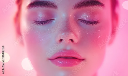 Beautiful young woman face with closed eyes on pastel pink glowing background.