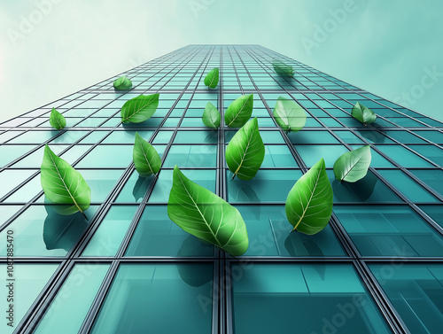 sustainability symbols: green leaves, clean energy against a minimalist corporate background in green tonation photo