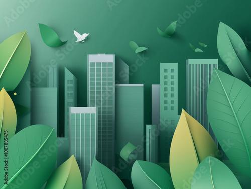 sustainability symbols: green leaves, clean energy against a minimalist corporate background in green tonation photo