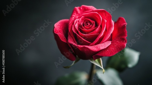 Close up of a vibrant red rose with droplets on petals against a dark background