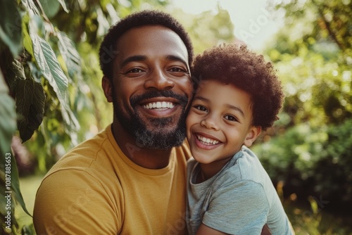 A happy father and his child share a joyful moment in front of the camera