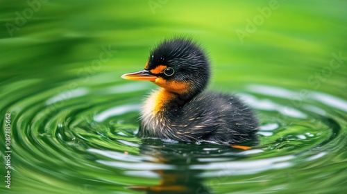 A cute duckling swimming in calm water surrounded by vibrant green foliage du...