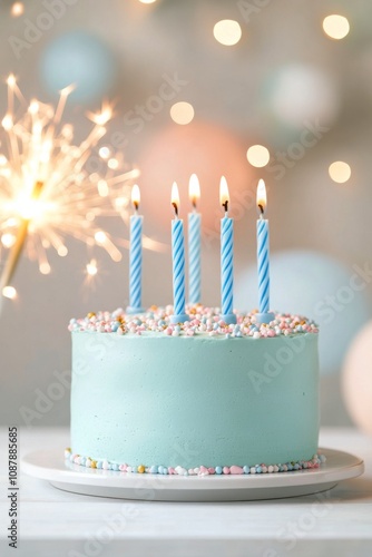 Children celebrate with a mint green birthday cake and sparklers at a joyful ...