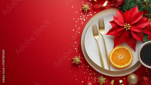 Festive holiday table setting with red poinsettia, orange slice, coffee, and ...