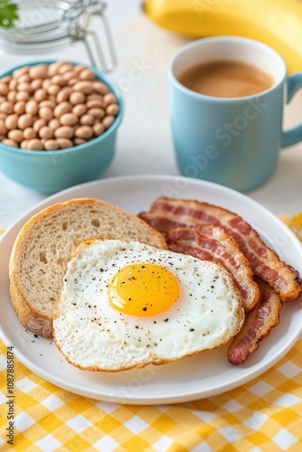 A hearty breakfast plate with fried egg, bacon, and sausage served on a color...