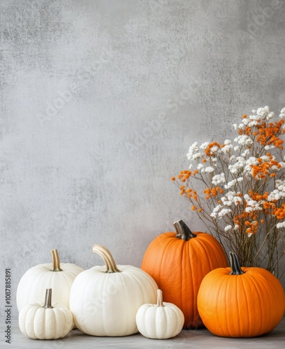 Colorful pumpkins and flowers arranged together in a cozy autumn setting