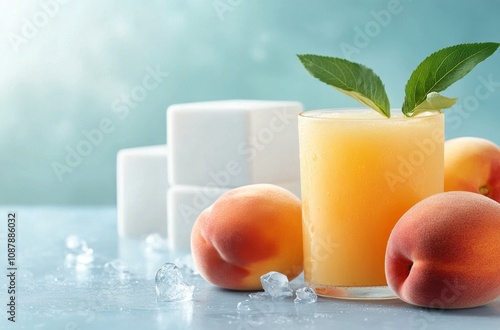 Refreshing peach juice served in a glass with fresh fruit and sugar cubes on ...